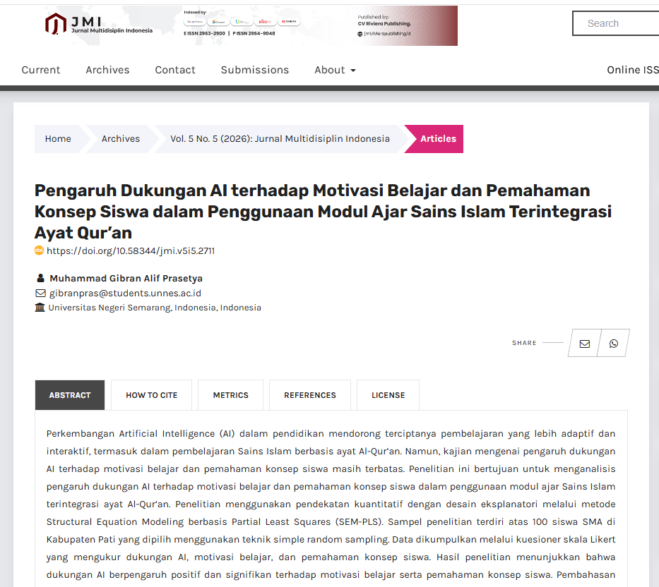 Pengaruh Dukungan AI terhadap Motivasi Belajar dan Pemahaman Konsep Siswa dalam Penggunaan Modul Ajar Sains Islam Terintegrasi Ayat Qur’an