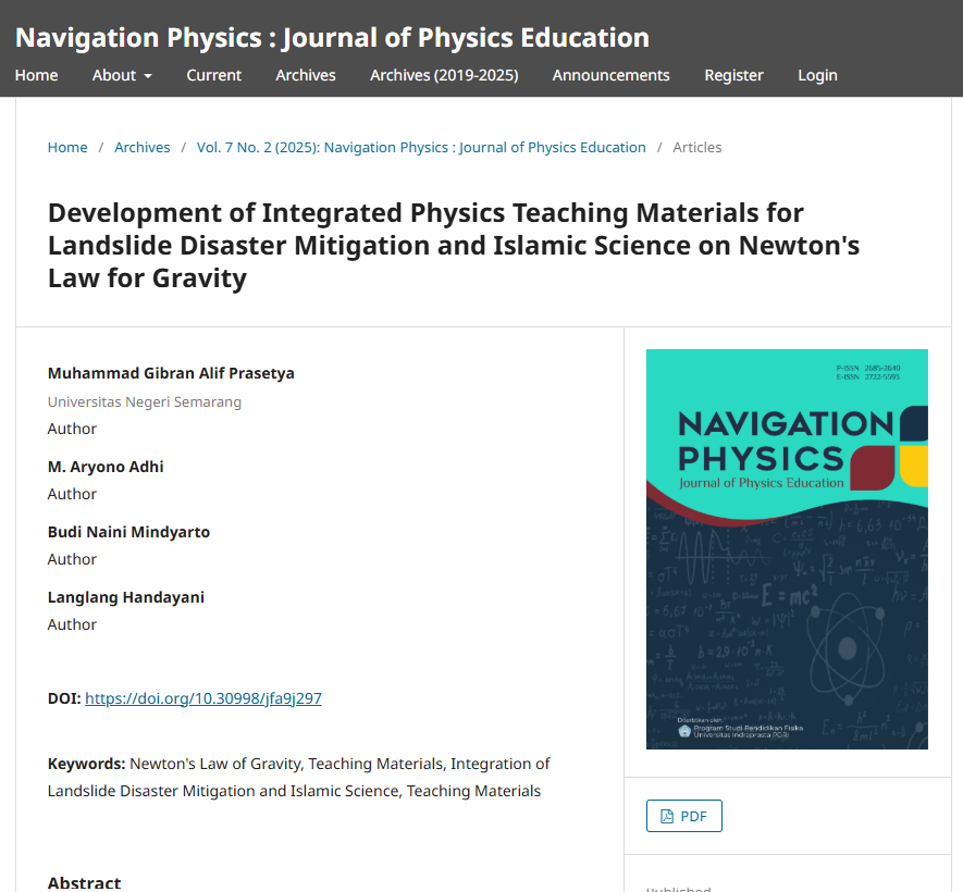 Development of Integrated Physics Teaching Materials for Landslide Disaster Mitigation and Islamic Science on Newton's Law for Gravity