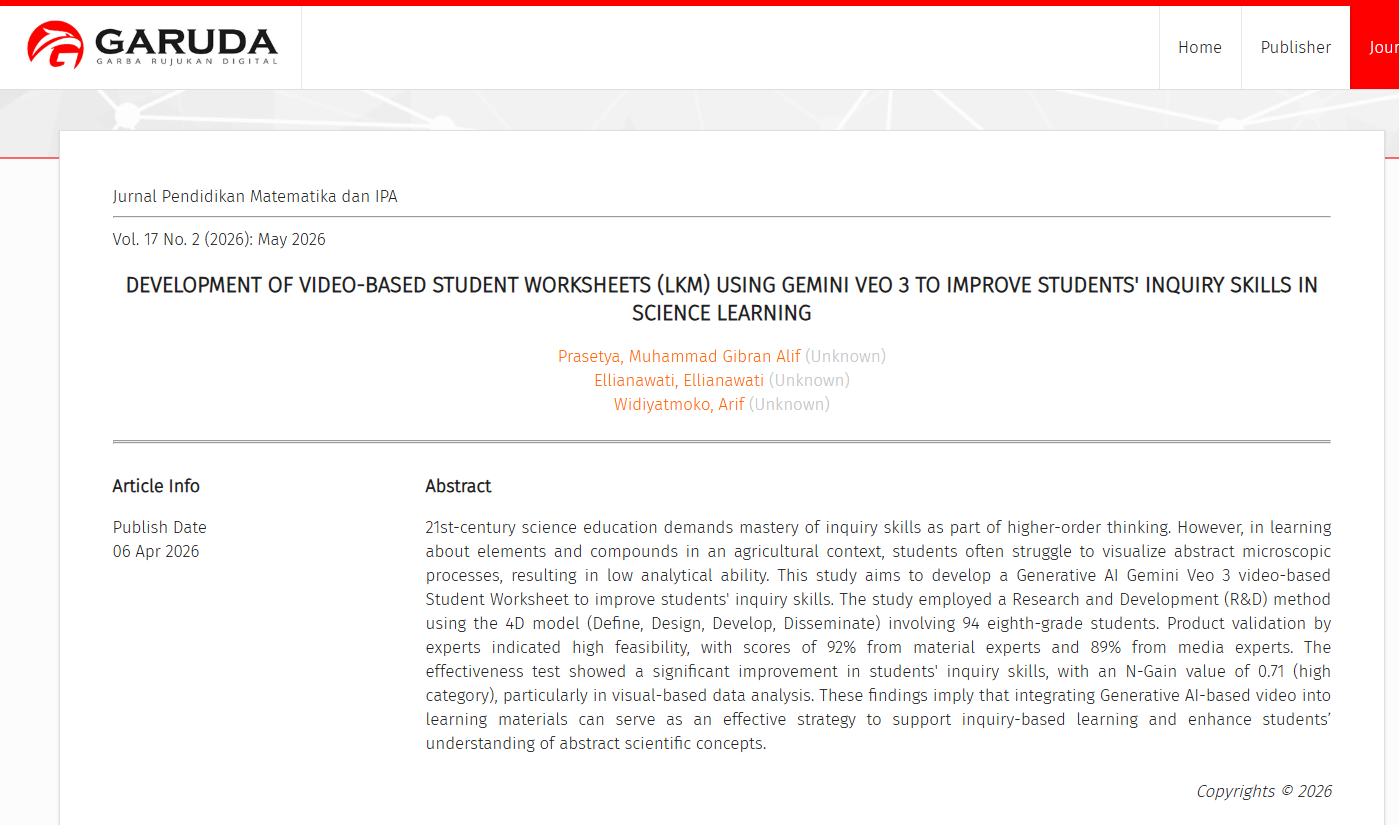 DEVELOPMENT OF VIDEO-BASED STUDENT WORKSHEETS (LKM) USING GEMINI VEO 3 TO IMPROVE STUDENTS'INQUIRY SKILLS IN SCIENCE LEARNING