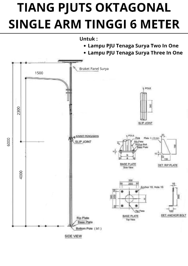 Tiang PJU Tenaga Surya Oktagonal Single Arm Tinggi 6 meter